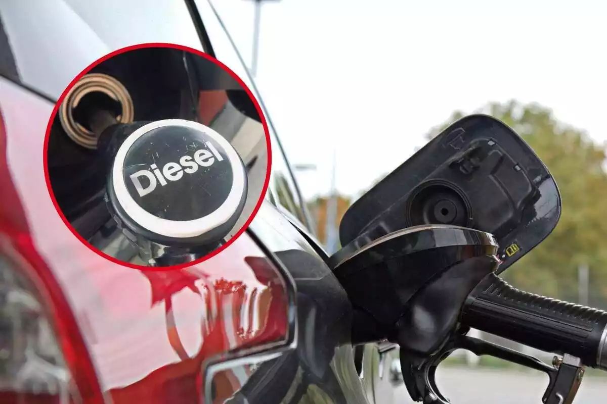Montaje de una persona repostando gasolina en un coche rojo y la imagen de la palabra 'Diesel'