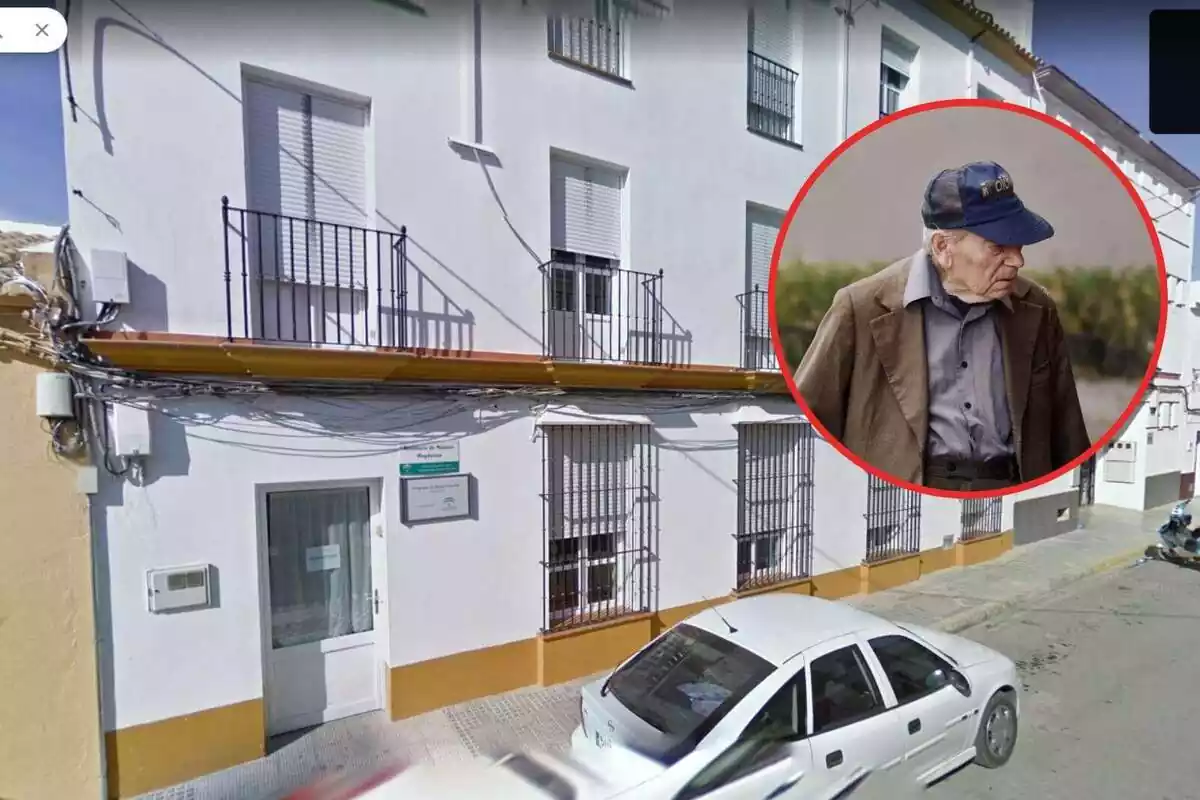 Montaje de la residencia María Magdalena de Puerto Serrano y un anciano con una gorra