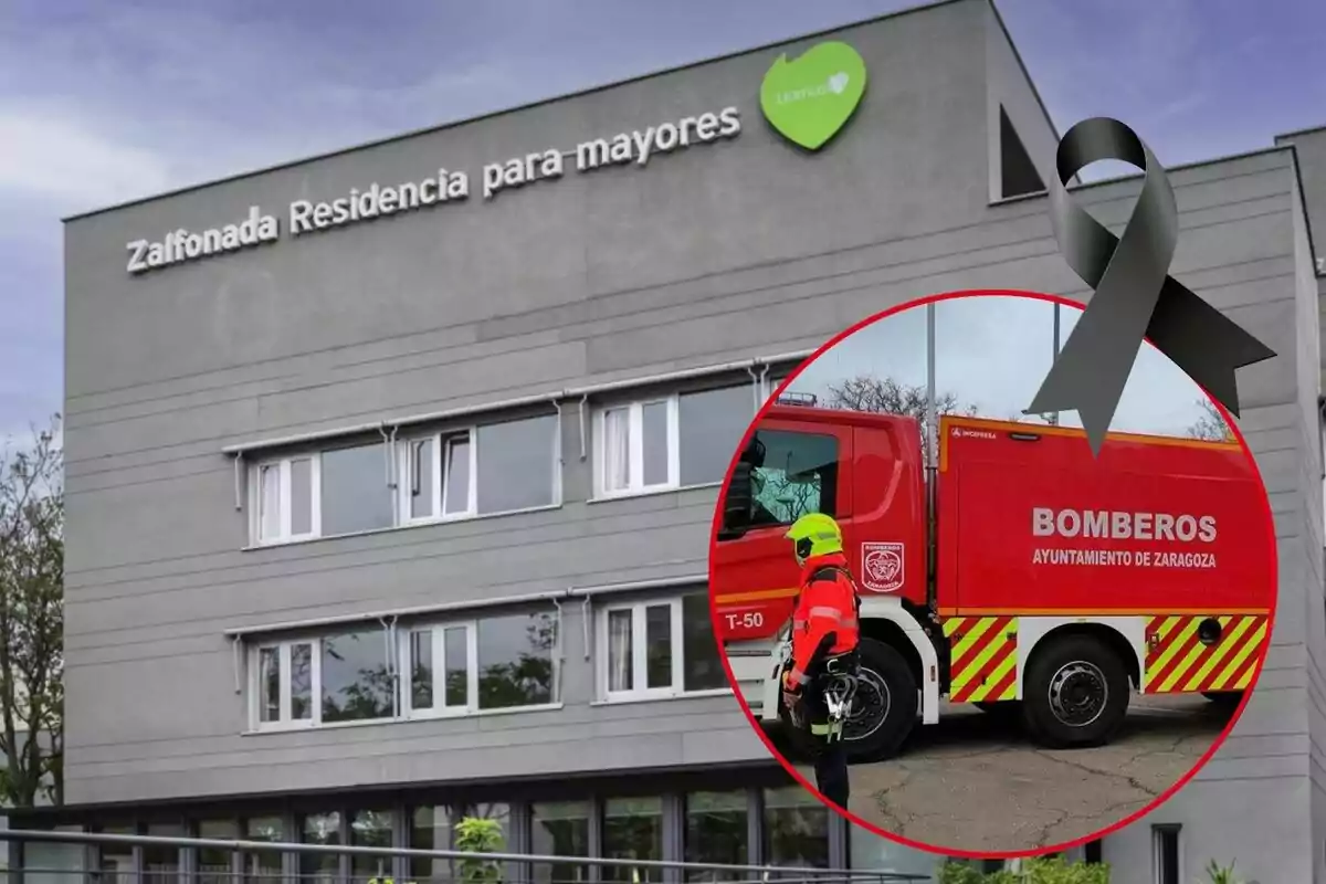 Fachada de una residencia de mayores con un lazo negro y un recuadro que muestra un camión de bomberos y un bombero
