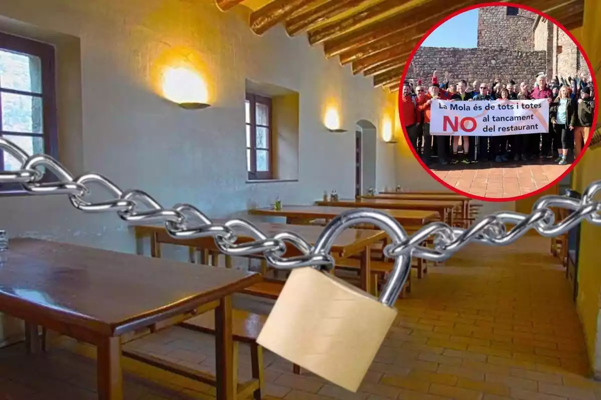 Montaje de comedor del restaurante la Mola cerrado con candado y círculo con protesta de excursionistas por el cierre del restaurante