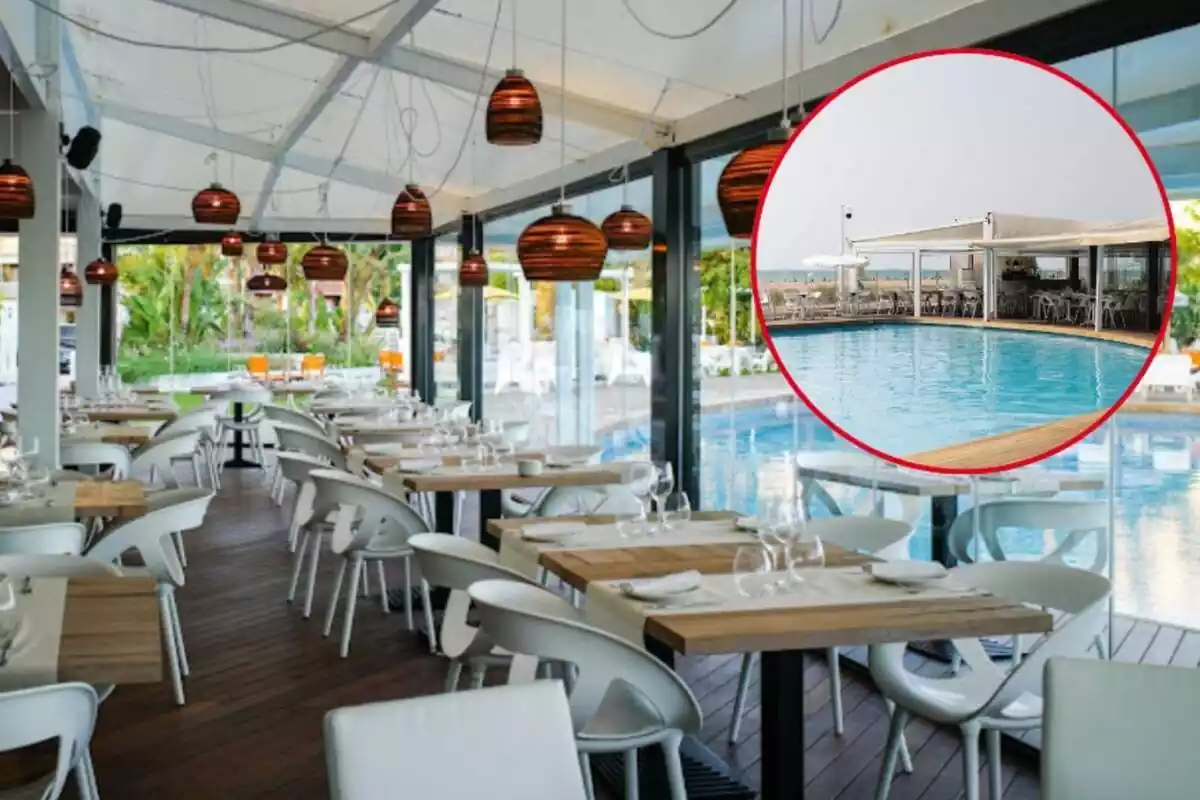 Montaje con el interior de un restaurante con las mesas puestas y una imagen de una piscina con vistas a la playa
