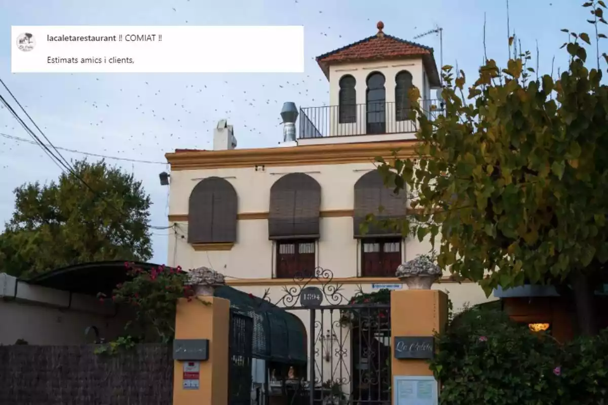 Montaje con la entrada al restaurante La Caleta de Tarragona y su mensaje de despedida