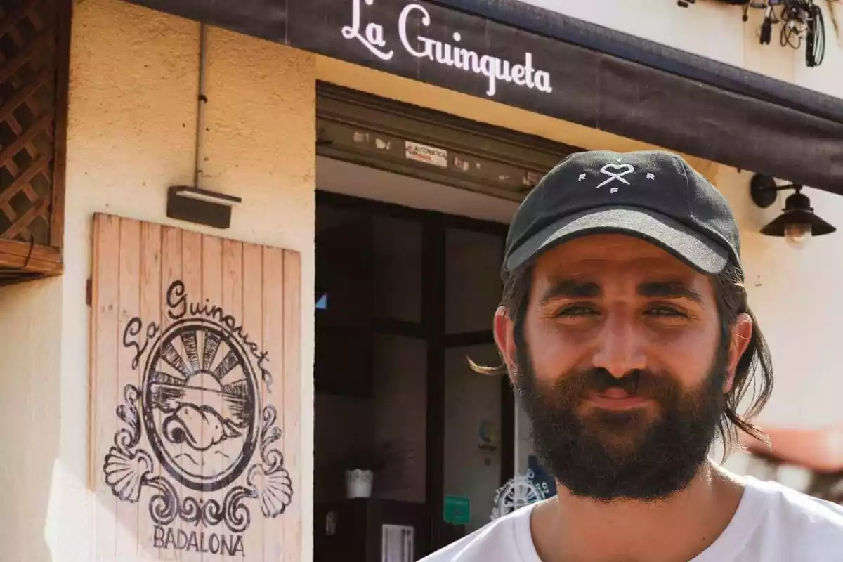 Montaje del restaurante La Guingueta de Badalona con Ricky Rubio con una gorra negra
