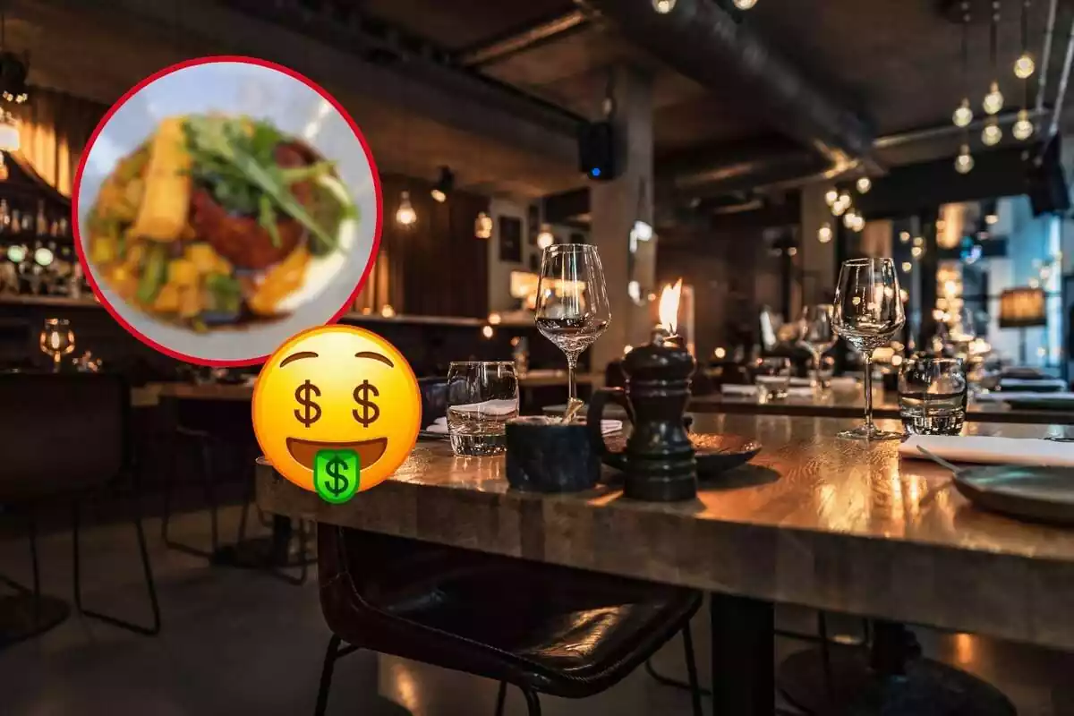 Montaje de un restaurante lujoso con un recorte de un plato borroso y un emoji de dinero