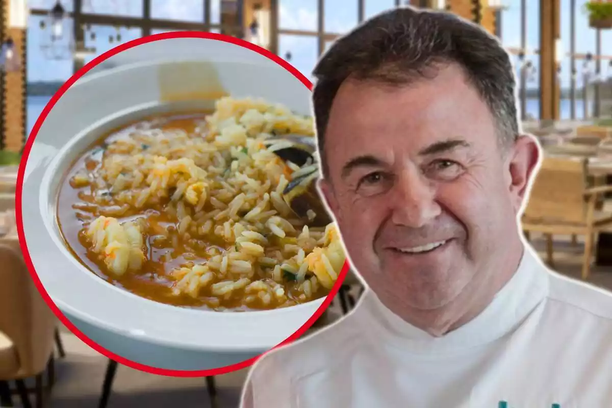 Montaje con un restaurante de fondo, un círculo con un plato de arroz caldoso y la cara del chef Martín Berasategui