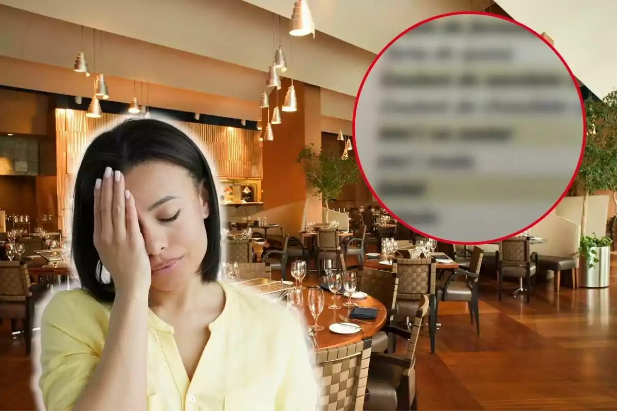 Una mujer con expresión de frustración se cubre la cara con una mano en el interior de un restaurante elegante, con un menú borroso en un círculo rojo en la esquina superior derecha.