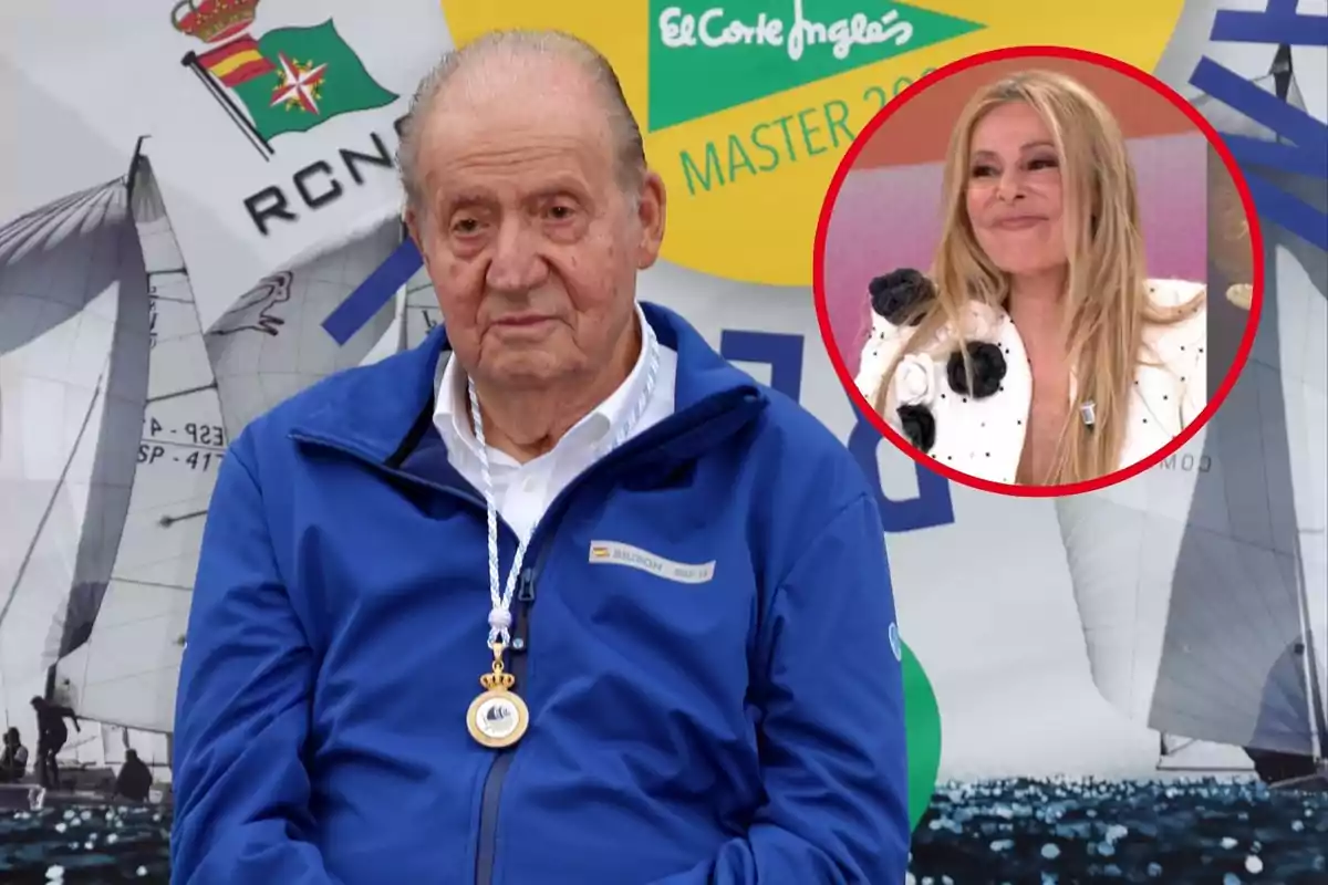 El rey Juan Carlos I con una medalla está sentado frente a un fondo de velas y logotipos, mientras que en un círculo rojo se muestra a Ana Obregón sonriendo.