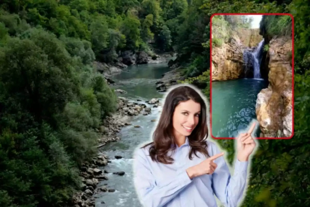 Montaje de un río con piedras, una cascada de agua y una chica sonriendo señalando con una camisa azul