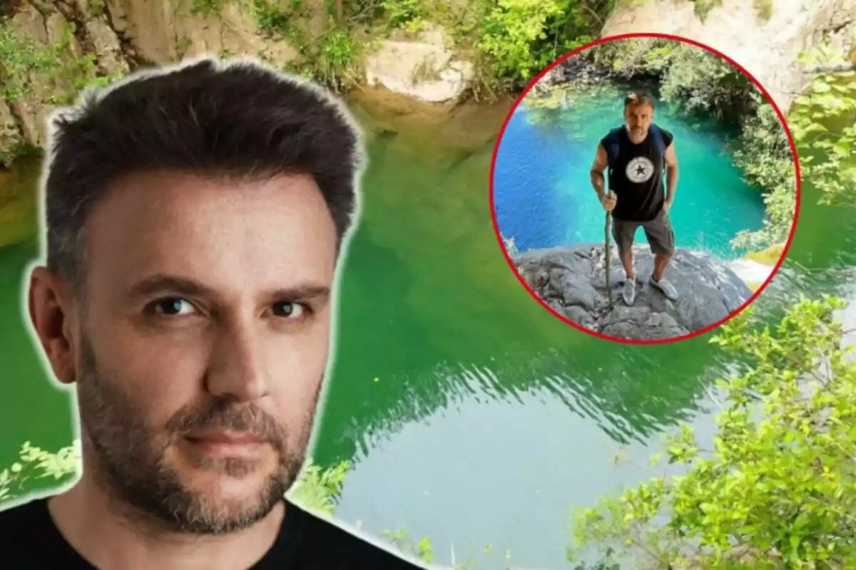 Jordi Planas con barba frente a un lago verde y una imagen circular de él mismo en una roca junto a un lago azul.