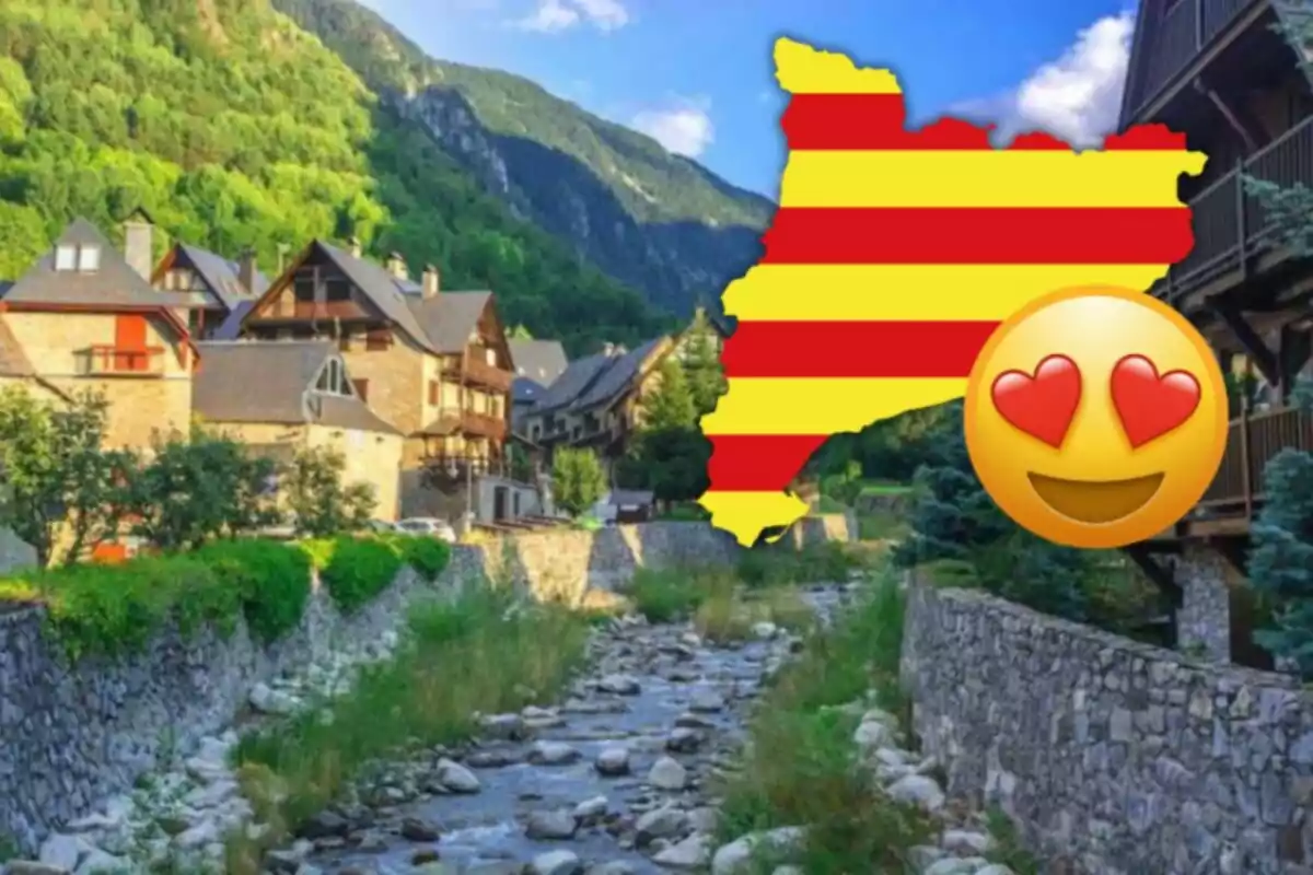 Paisaje montañoso con casas de piedra y un río, sobre el que aparece un mapa con franjas rojas y amarillas y un emoji de cara enamorada.