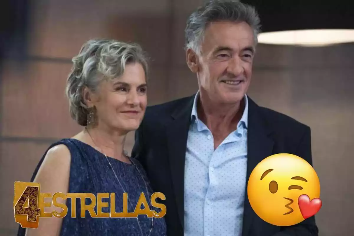 Montaje de '4 estrellas' con Rita y Rafael juntos sonriendo, el logo de la serie y un emoji de un beso