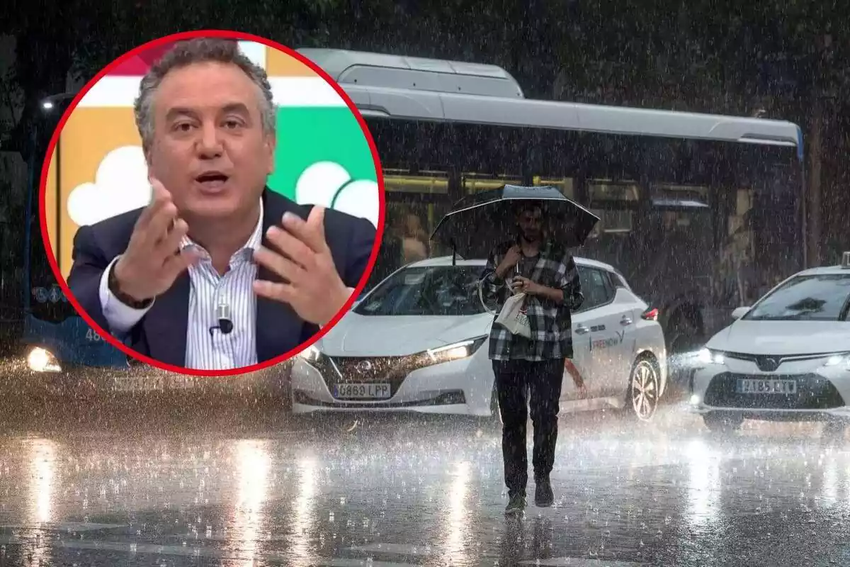 Montaje con una imagen de un temporal de lluvia en Madrid y un círculo con la cara de Roberto Brasero