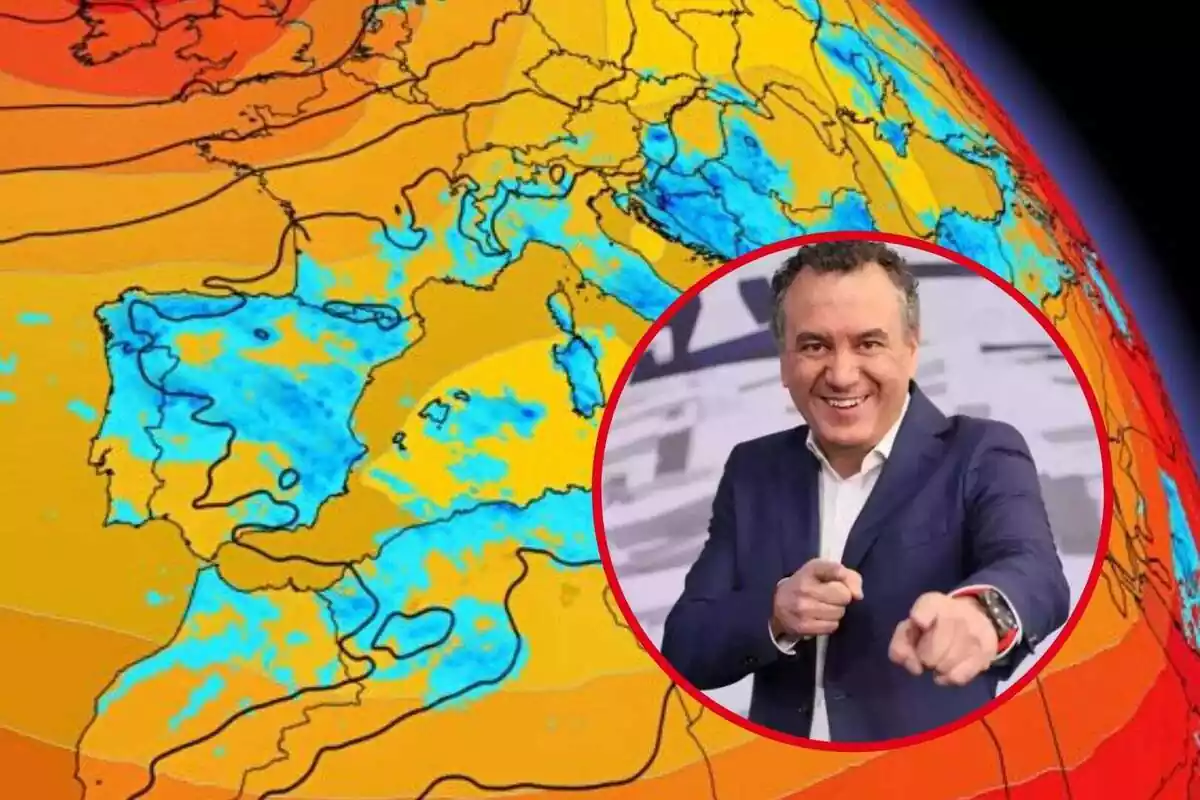 Montaje con un mapa radar de precipitaciones y un círculo con la cara de Roberto Brasero