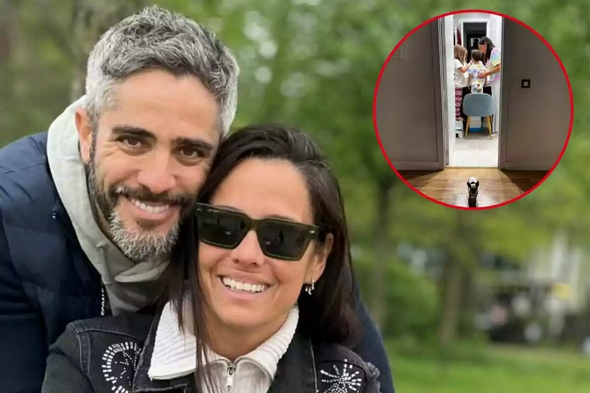 Roberto Leal y Sara Rubio sonrientes posan al aire libre, mientras en un recuadro circular se observa a Sara con sus hijos y el perro en primer plano.