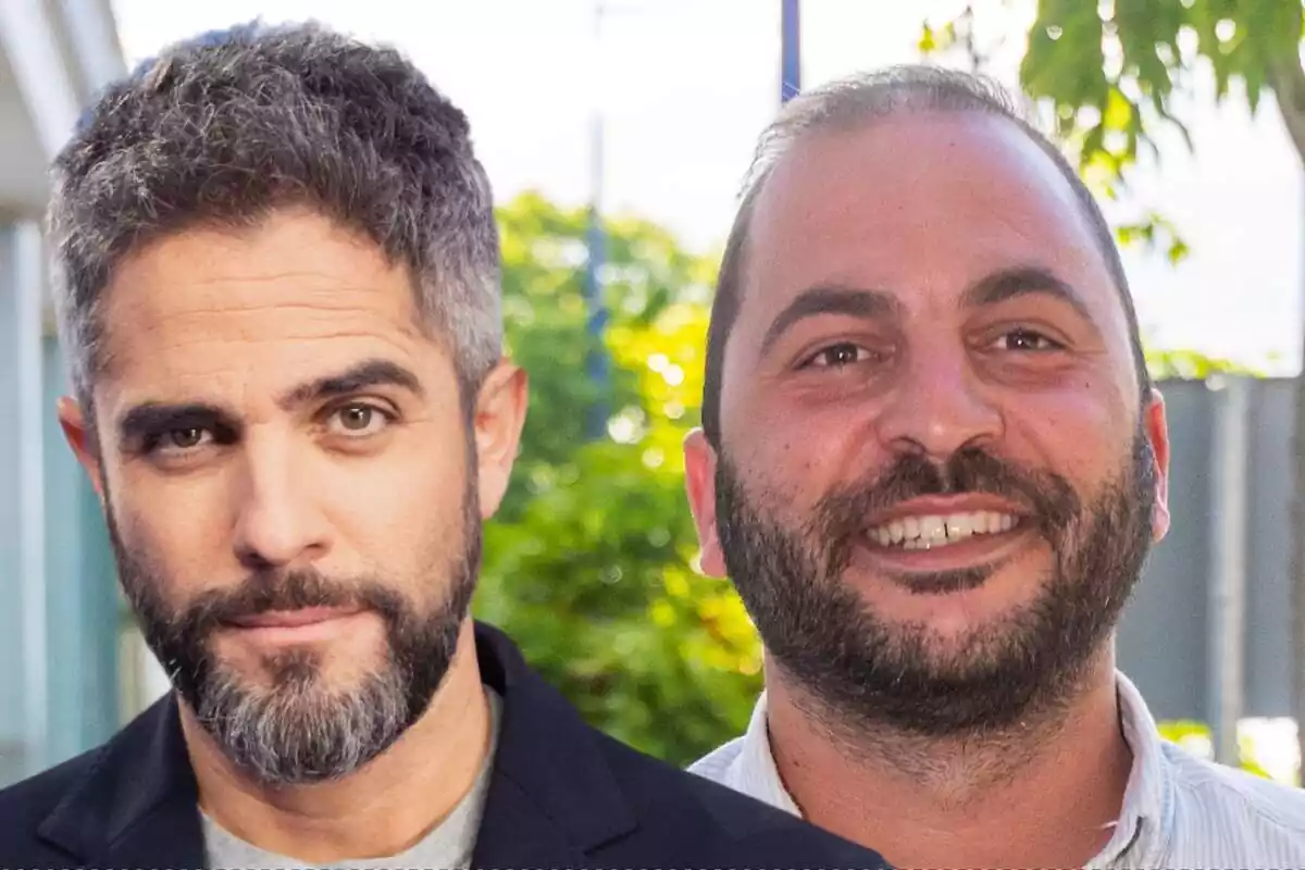 Montaje de Roberto Leal serio con una chaqueta negra y Antonio Tejado sonriendo con una camisa de rallas