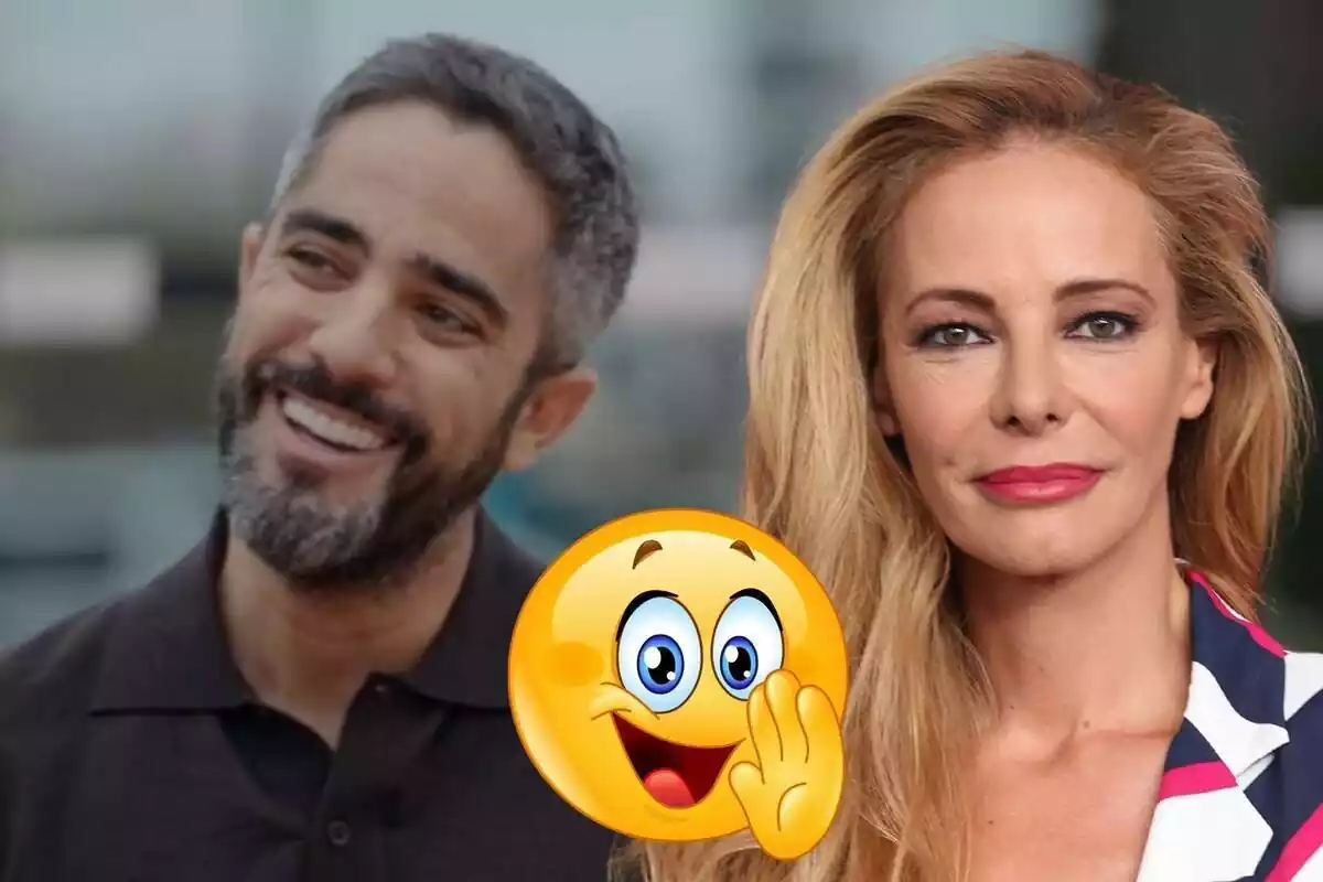 Montaje de Roberto Leal riendo con una camisa negra, Paula Vázquez con rostro neutro y el pelo a un lado y un emoji de secreto