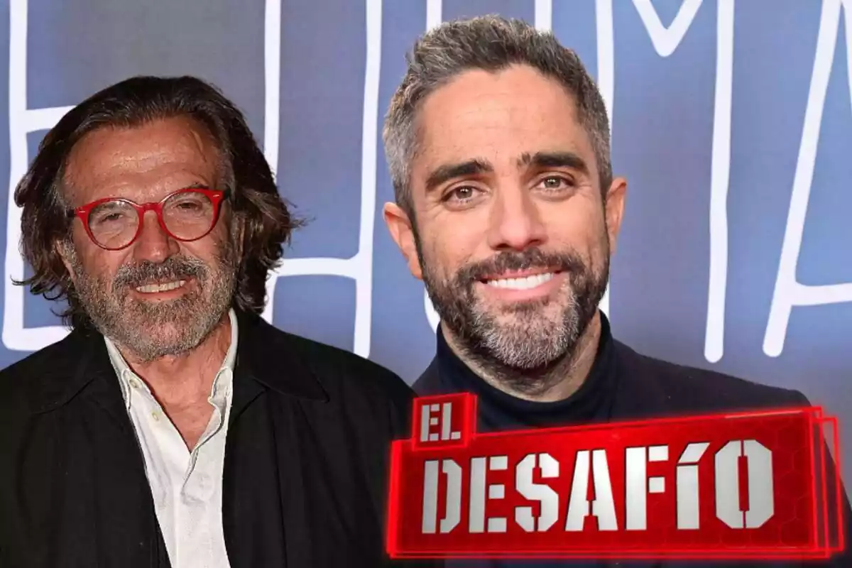 Montaje con Pepe Navarro con gafas rojas, Roberto Leal sonriendo con cuello alto y el logo de 'El Desafío'