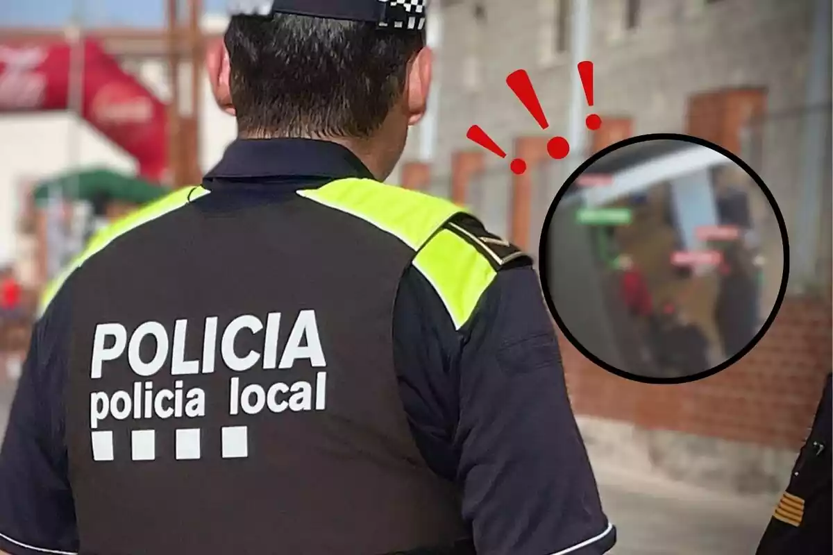 Montaje de un policía de espaldas en la calle con un recorte borroso al lado de una estafa en un banco y signos de exclamación alrededor