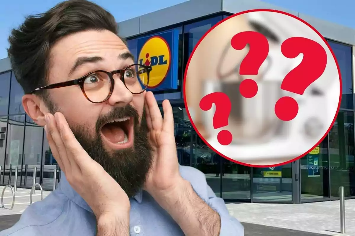 Hombre sorprendido frente a una tienda Lidl con un círculo que contiene signos de interrogación.