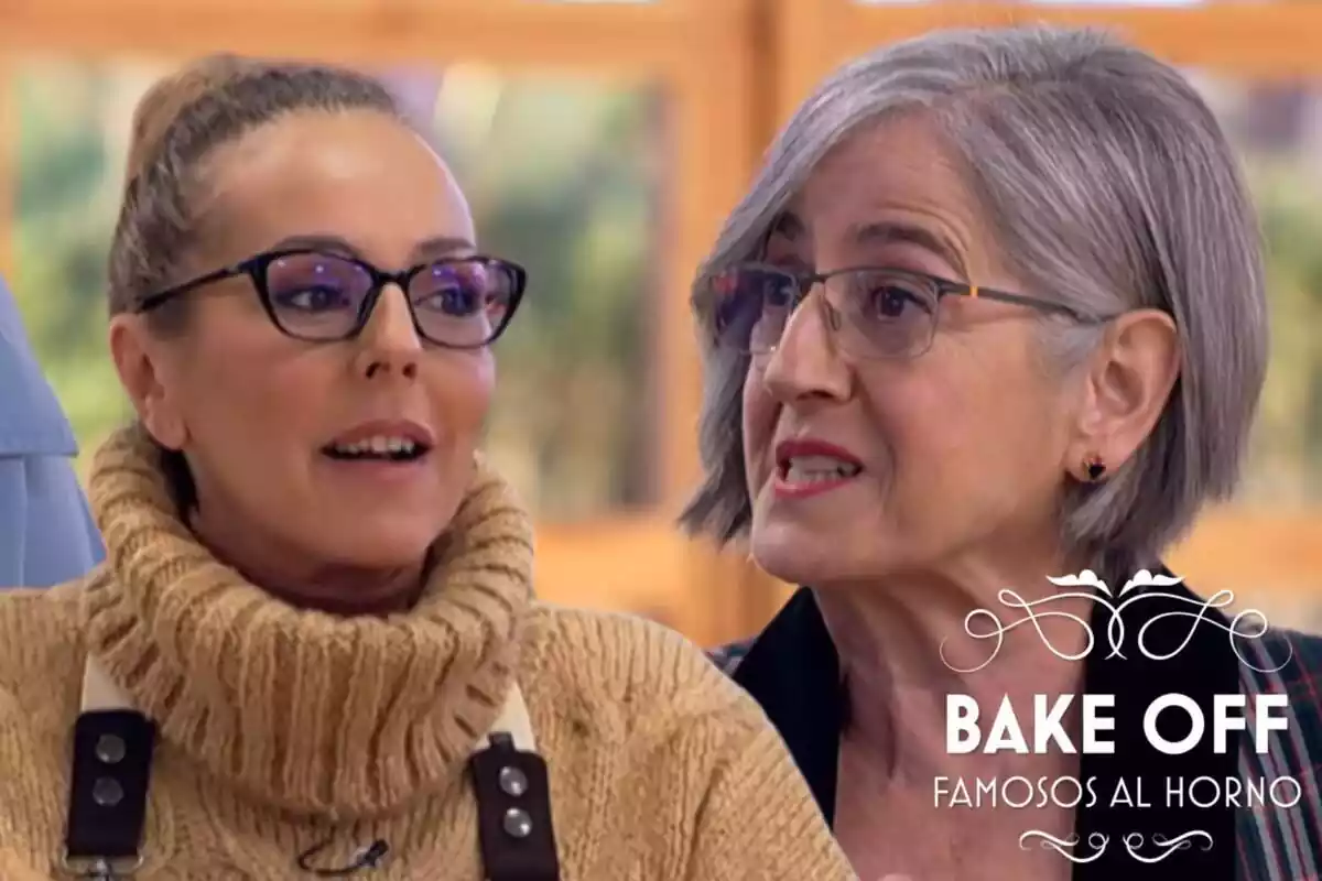 Montaje de 'Bake Off' con Rocío Carrasco con un cuello alto marrón, Eva Arguiñano hablando y el logo del programa