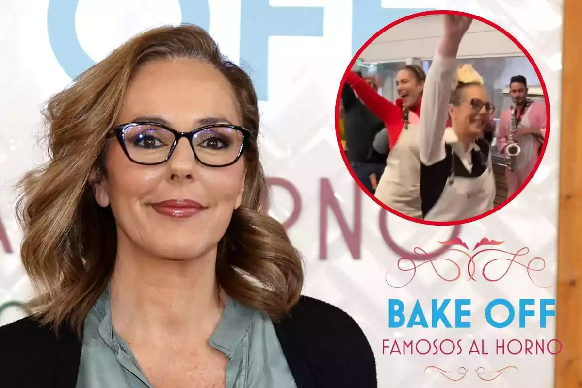 Montaje de Rocío Carrasco sonriendo con gafas negras, el logo de 'Bake Off' y ella junto a Alba Carrillo riendo haciendo el tren