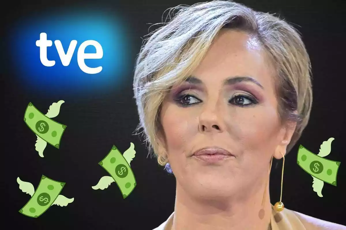 Montaje de Rocío Carrasco en primer plano maquillada para televisión con el logo de TVE al lado y billetes volando alrededor