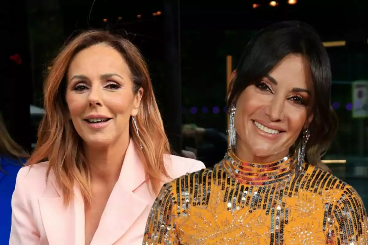 Rocío Carrasco y Nagore Robles posando, una con un traje rosa claro y la otra con un vestido dorado brillante.