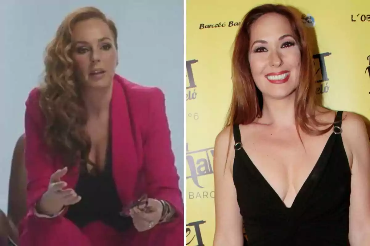 Rocío Carrasco y Rosario Mohedano posando en diferentes contextos; la de la izquierda lleva un traje rosa y la de la derecha un vestido negro.