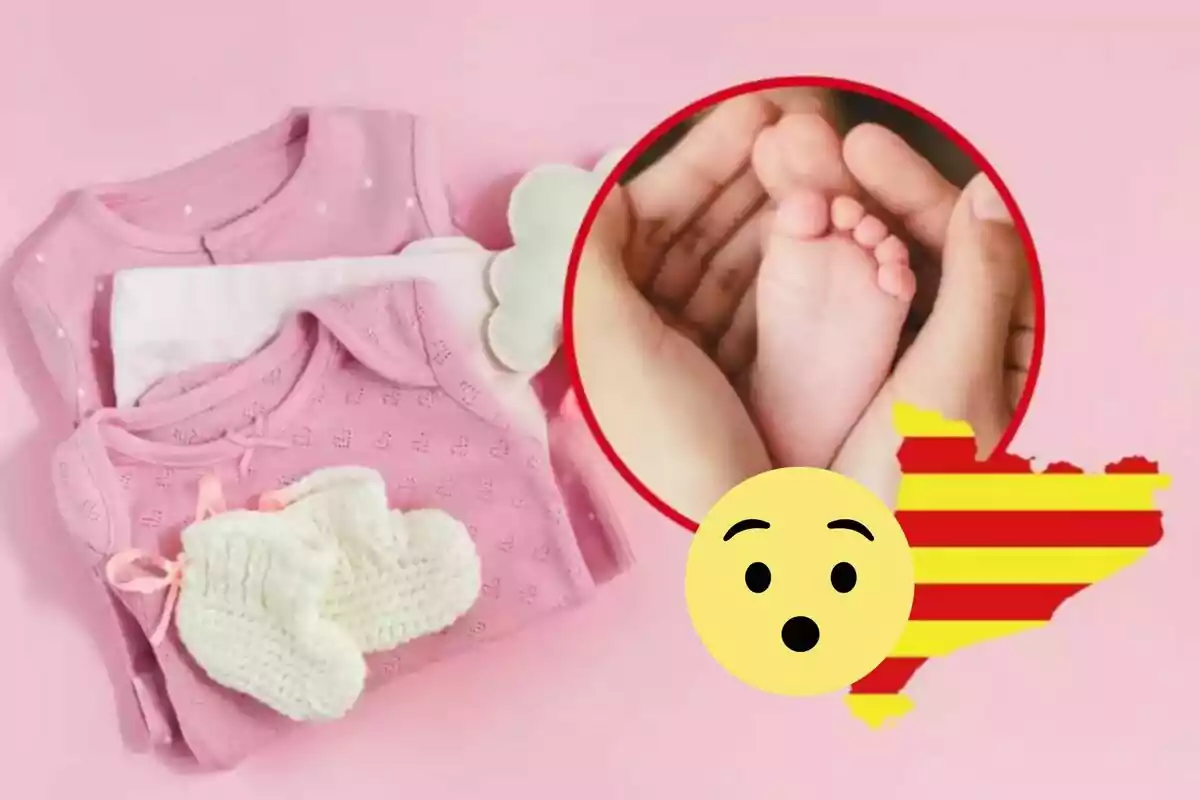 Montaje de ropa de bebe rosa, un pie de bebé y la silueta de Cataluña y una cara sorprendida