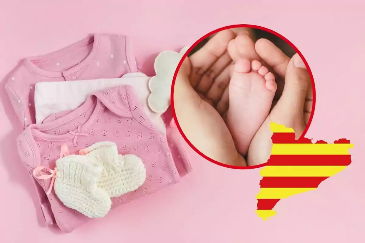Montaje de ropa de bebe rosa, un pie de bebé y la silueta de Cataluña