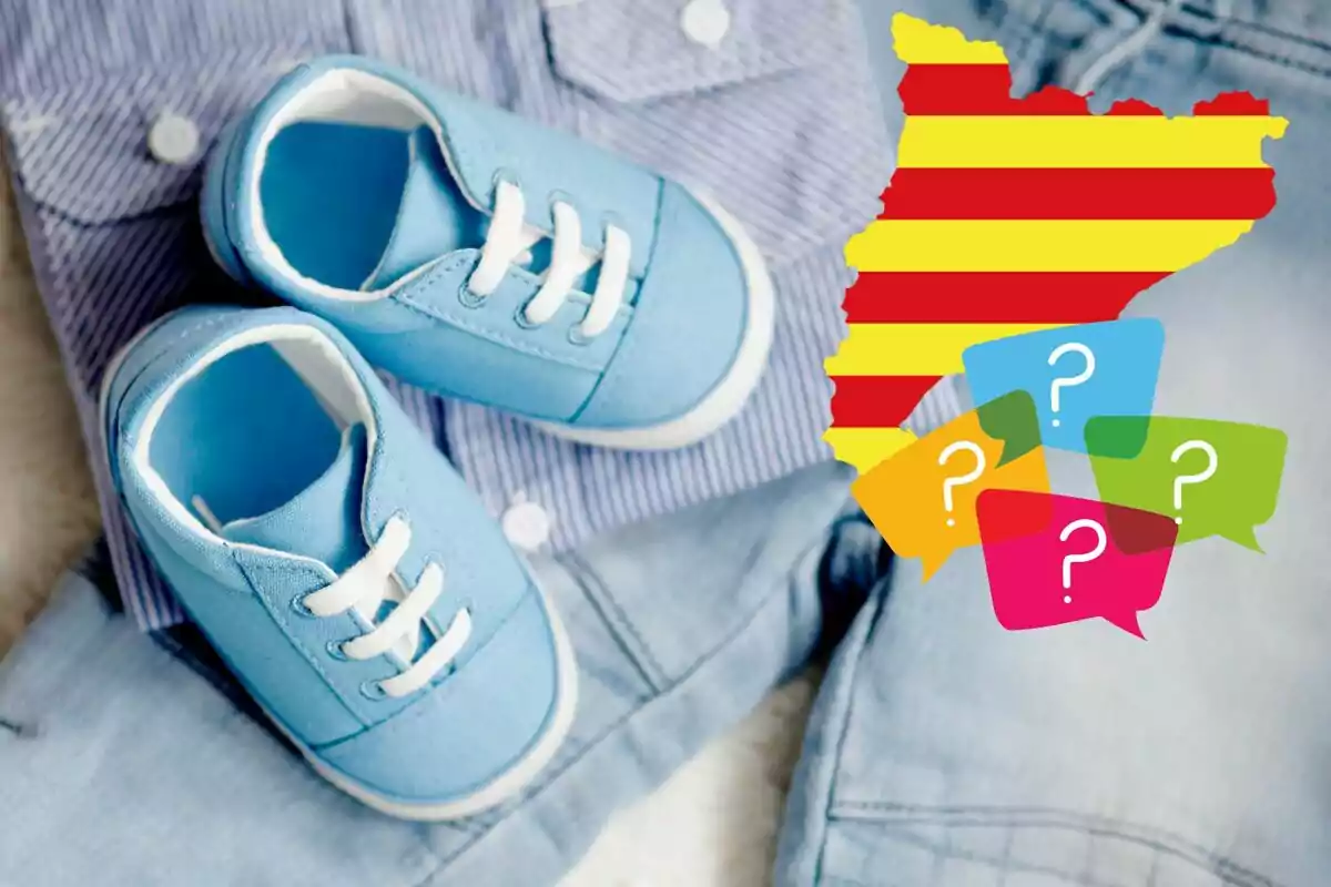 Zapatos de bebé azules sobre ropa de bebé con un mapa de Cataluña y varios íconos de burbujas de diálogo con signos de interrogación.