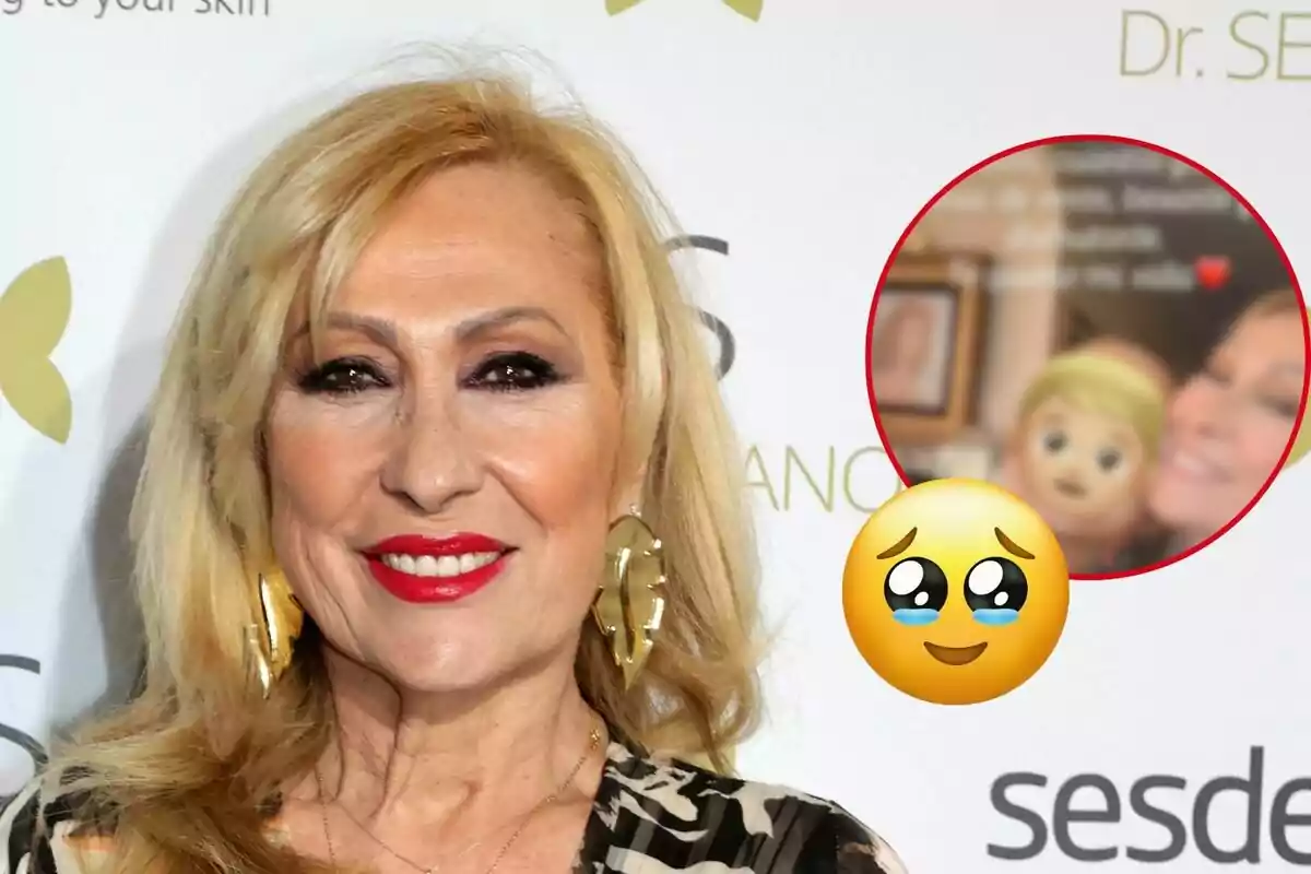 Rosa Benito sonriente con labios rojos y pendientes dorados, junto a un emoji llorando y un recuadro con una imagen borrosa.