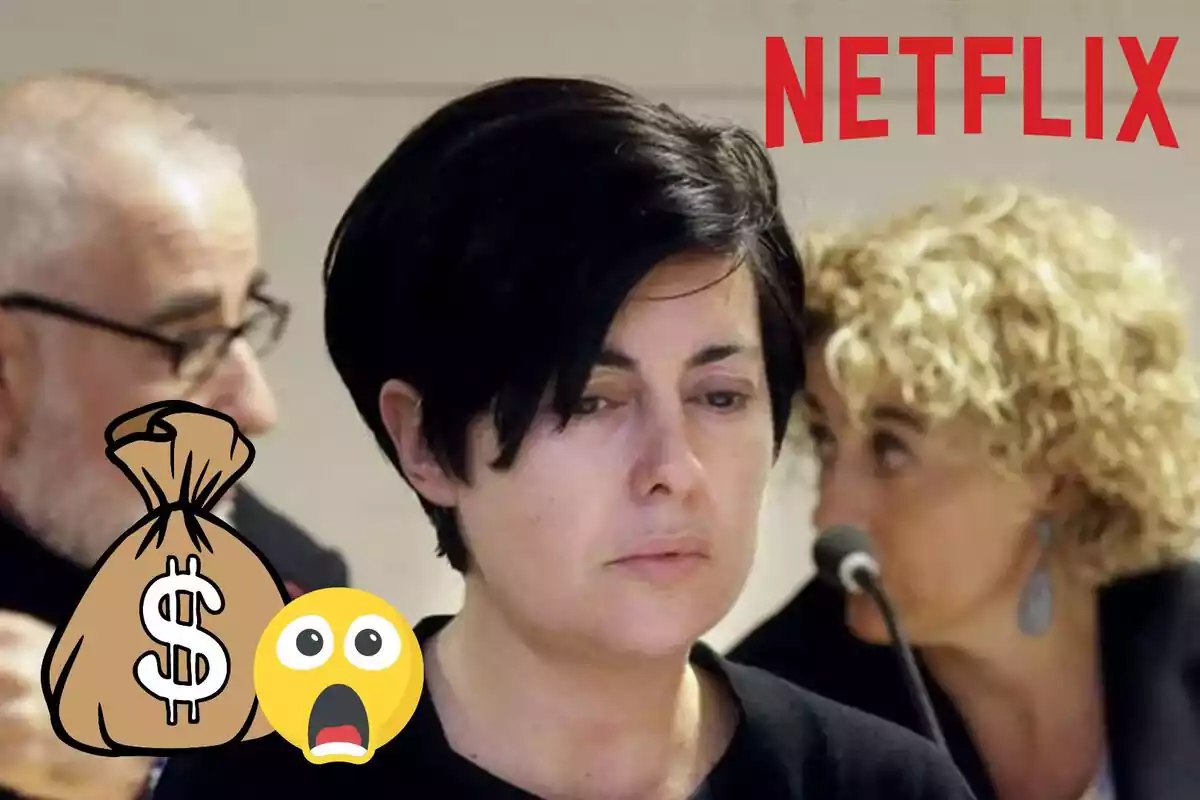 Montaje de Rosario Porto seria con la mirada hacia abajo, el logo de Netflix y una bolsa de dinero junto a un emoji de sorpresa