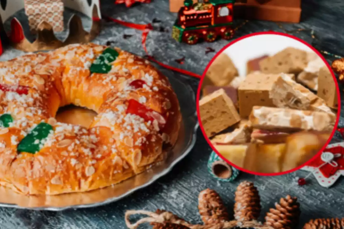 Montaje con un roscón de reyes en una mesa llena de decoración navideña y un círculo con varios turrones cortados