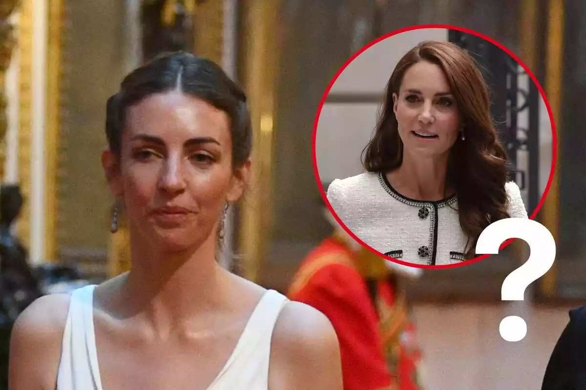 Montaje de Rose Hanbury con el pelo recogido y tirantes, Kate Middleton con el rostro neutro y un interrogante blanco