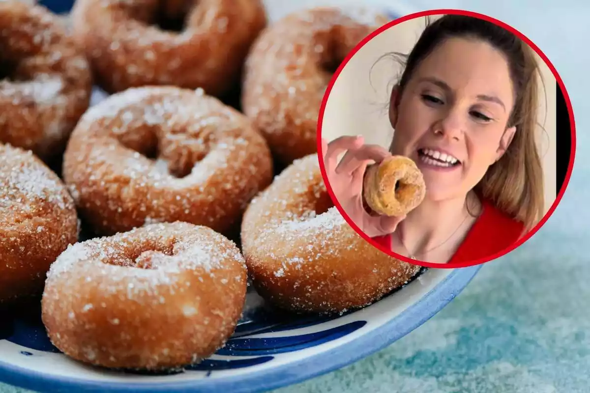 Montaje con un plato de rosquillas de anís con azúcar y un círculo con la cara e la creadora de contenido Sabrina Banzo con una rosquilla en la mano