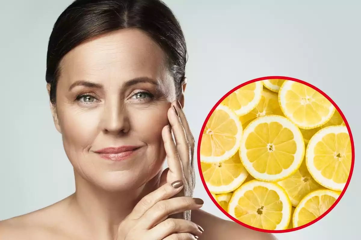 Montaje con el rostro de una mujer con la mano en un lado de la cara y un círculo con varias rodajas de limón