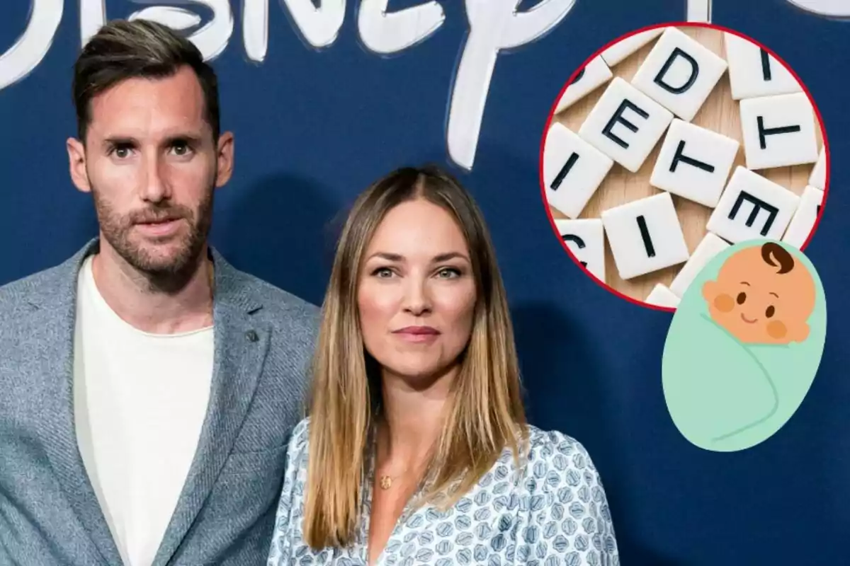 Rudy Fernández y Helen Lindes posa frente a un fondo azul con letras blancas, junto a un círculo que contiene fichas de letras y un dibujo de un bebé envuelto en una manta verde.