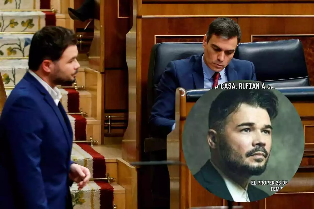 Montaje con un cartel de Rufián y una foto suya en el Congreso de los Diputados