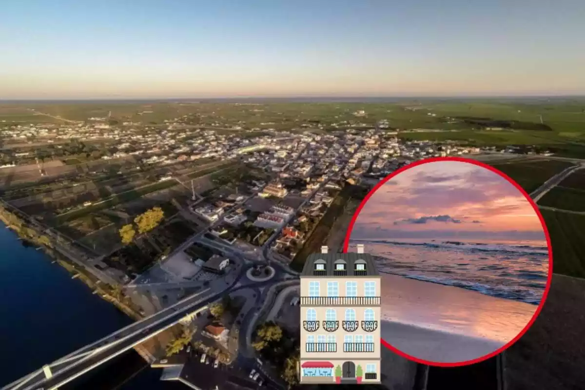 Montaje de una imagen aérea de Sant Jaume d'Enveja, la playa durante el atardecer y un bloque de pisos