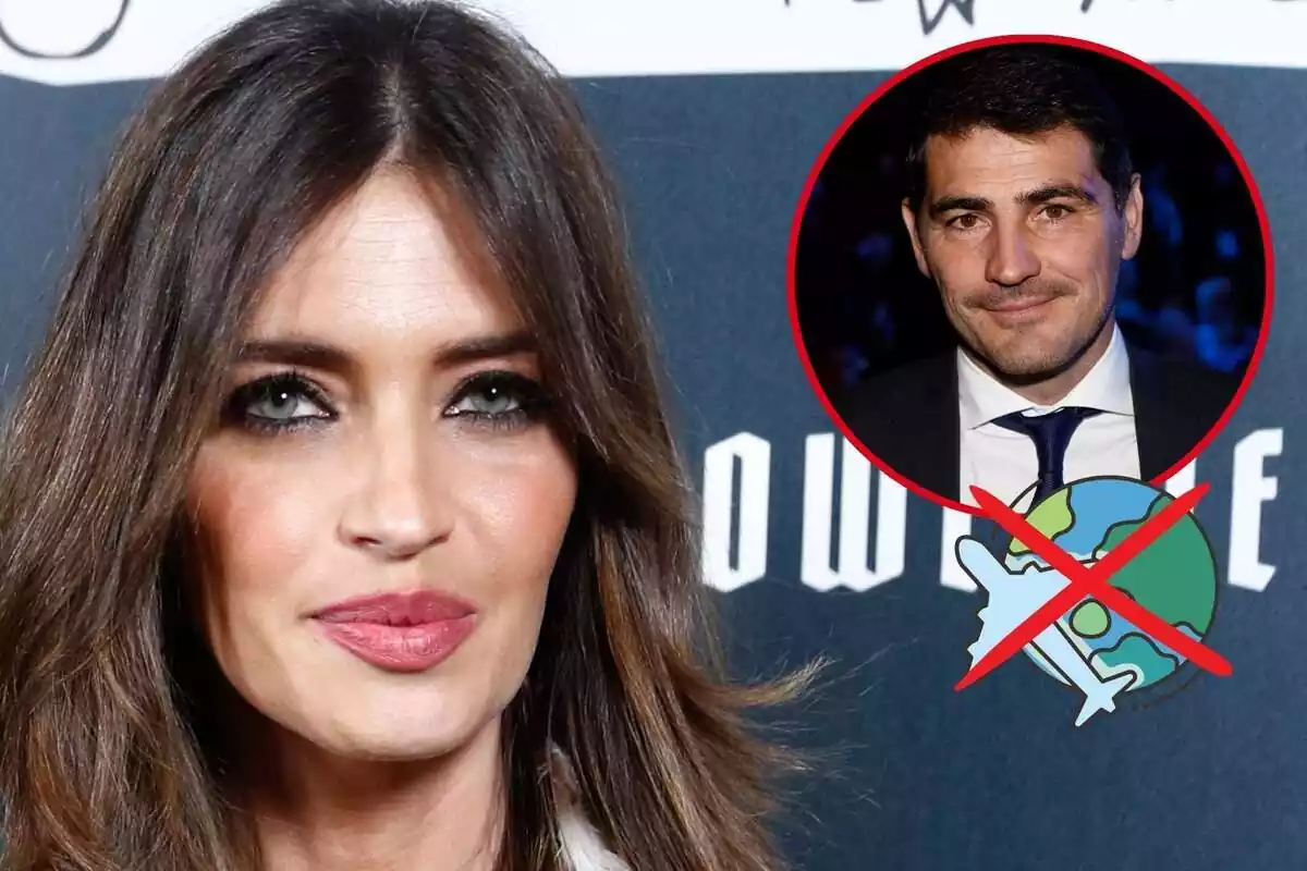 Montaje de Sara Carbonero sonriendo, Iker Casillas sonriendo en traje y corbata y un icono del mundo con un avión y una cruz roja encima