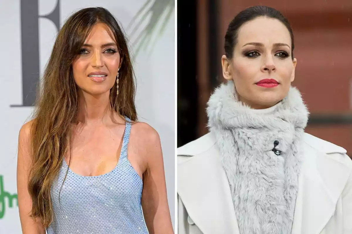 Montaje de Sara Carbonero sonriendo con unos tirantes azules y Eva González seria con el pelo recogido, los labios rojos y bufanda blanca Montaje de Sara Carbonero sonriendo con unos tirantes azules y Eva González seria con el pelo recogido, los labios rojos y bufanda blanca
