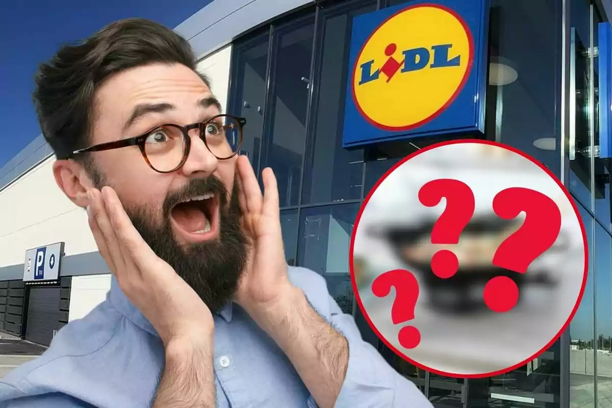 Hombre sorprendido frente a una tienda Lidl con un círculo rojo que contiene signos de interrogación.