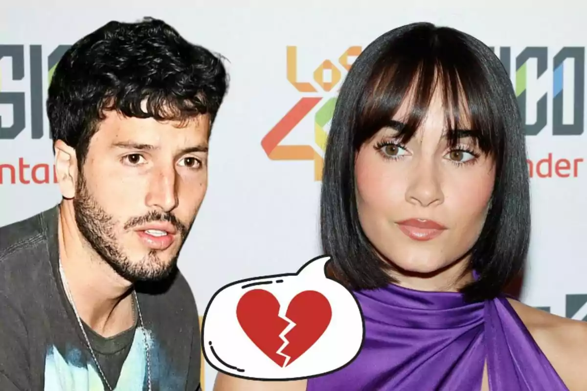 Sebastian Yatra y Aitana con una ilustración de un corazón roto entre ellas.