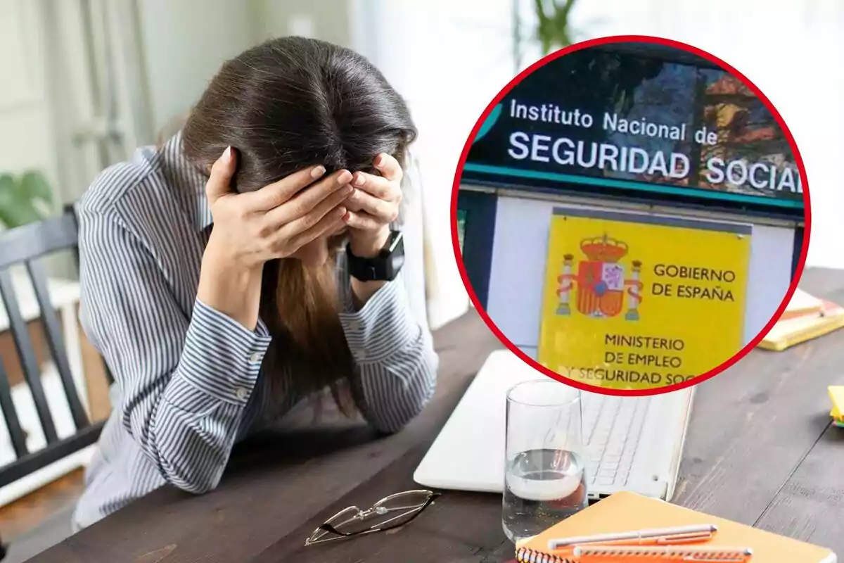 Una mujer con las manos en la cabeza, sentada frente a una computadora portátil, con una imagen superpuesta del Instituto Nacional de Seguridad Social de España.