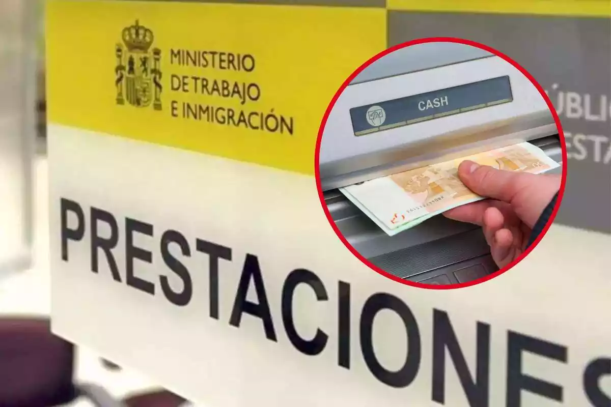 Montaje del cartel de prestaciones del SEPE con un cajero sacando dinero