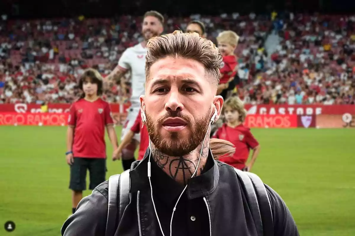 Montaje de Sergio Ramos con su familia en el campo de Sevilla al fondo y él con los auriculares puestos