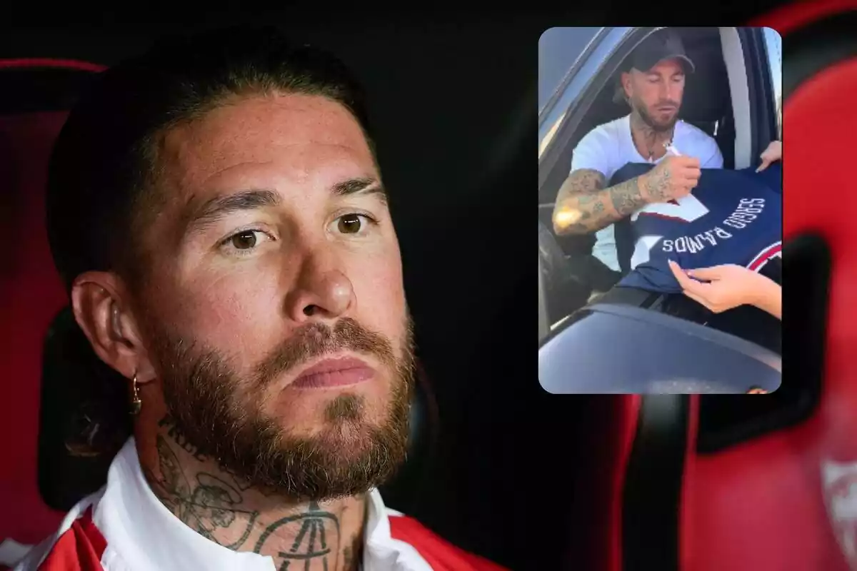 Montaje de un primer plano de Sergio Ramos serio y él dentro del coche firmando una camiseta