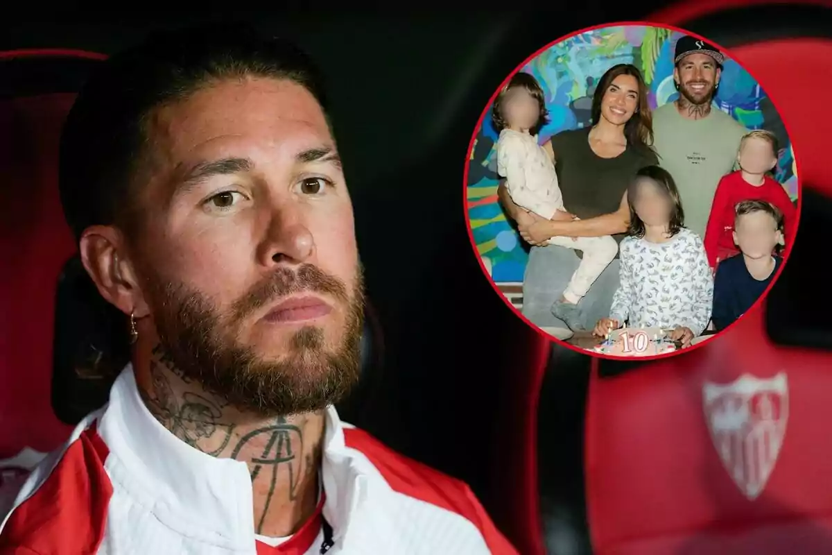 Montaje de un primer plano de Sergio Ramos serio y una imagen de él junto a Pilar Rubio y sus hijos