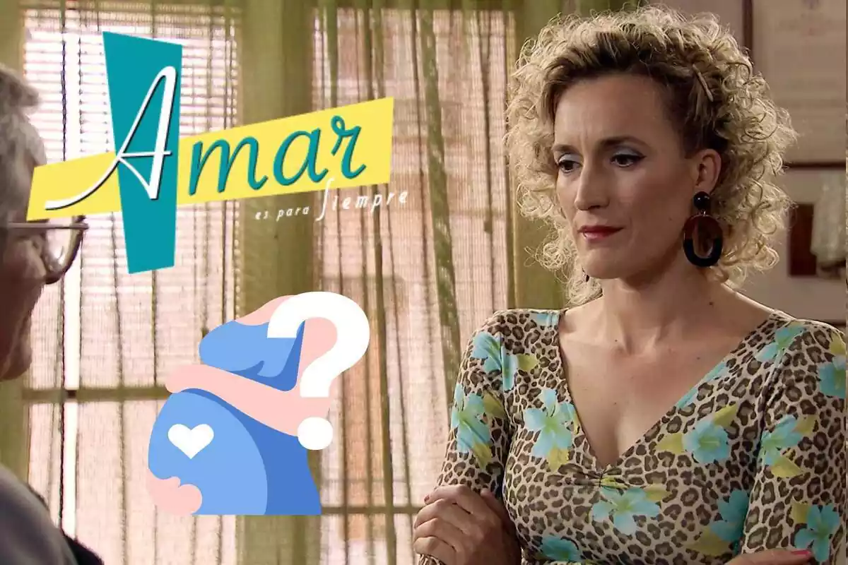 Montaje con el personaje de Silvia de 'Amar es para siempre', el logo de la serie, una barriga de embarazada y un interrogante